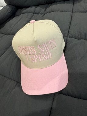 Beige and Pink Embroidered "Jesus Saves I Spend" Baseball Cap/ trucker hat front